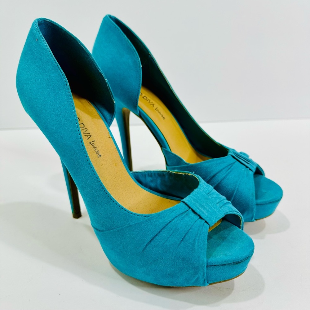 🎀 WILD DIVA LOUNGE TEAL SIZE 7 PLATFORM HEELS 5” MICROFIBER GREAT WORN ONCE - Picture 3 of 7